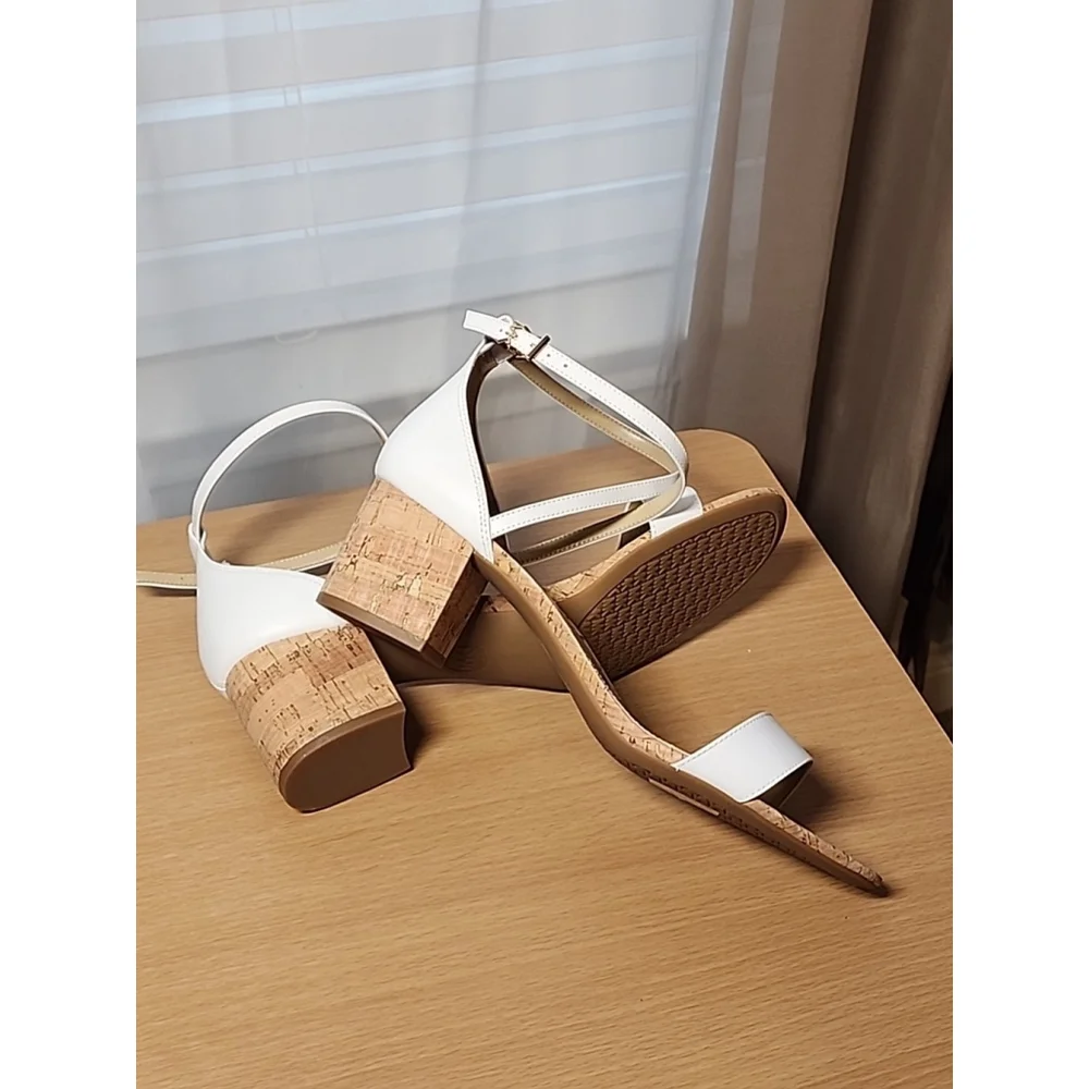 Michael Kors Women  Leather Ankle Strap Cork Block Heels 10 M - WHITE